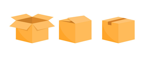 Carton delivery packaging. Cardboard open and closed box. Empty packaging parcel. Vector illustration.