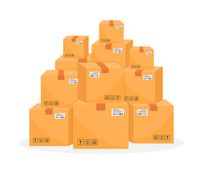 Stack of cardboard boxes with fragile signs and cargo marking. Sealed parceles. Pile of stacked carton boxes for delivery. Vector illustration.