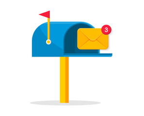 Mailbox with envelope. Open mailbox with mail inside in flat style. Incoming new message notification. Vector illustration.