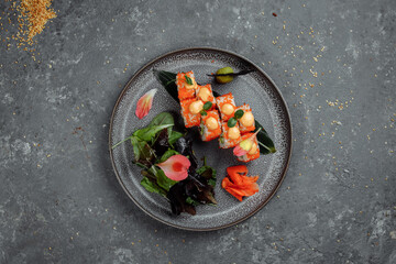 Sushi Roll with salmon tuna avocado royal prawn cream cheese Philadelphia caviar tobica chuka. Sushi menu. Japanese food