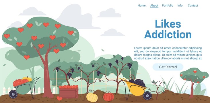 Vector cartoon flat farmers garden,trees with like hearts symbols-likes addiction,social media marketing,smm creative web online landing page template design concept