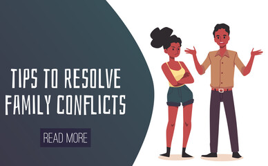 Tips to resolve family conflicts website header, flat vector illustration.