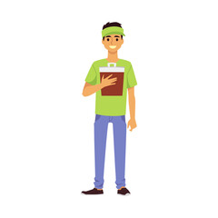 Smiling waiter or fast food cafe worker, flat vector illustration isolated.