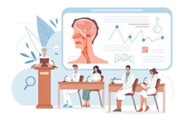 Vector cartoon flat doctor characters at work in uniform,lab coats study viral infection-disease prevention,medical meeting,conference,medic team and education concept with medical devices,symbols