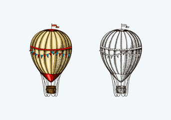 Vintage Hot Air Balloon. Vector retro flying airship with decorative elements. Template transport for Romantic logo. Hand drawn Engraved sketch.