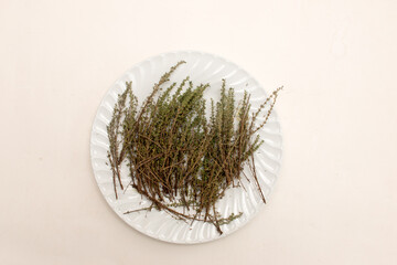 Fototapeta premium Fresh Thyme drying out on a white plate