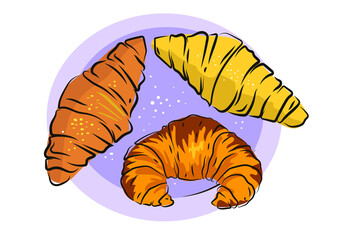 Vector image of croissants on a plate. Line drawing in color.