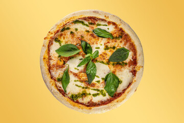 Italian modern pizza, top view on a yellow background.