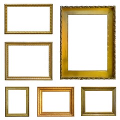 Set of golden frames for paintings, mirrors or photo isolated on white background