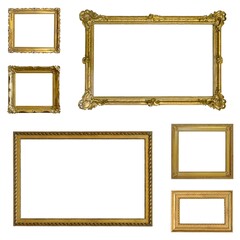 Set of golden frames for paintings, mirrors or photo isolated on white background