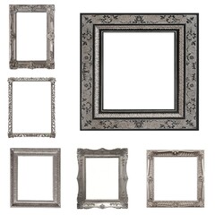 Set of silver frames for paintings, mirrors or photo isolated on white background