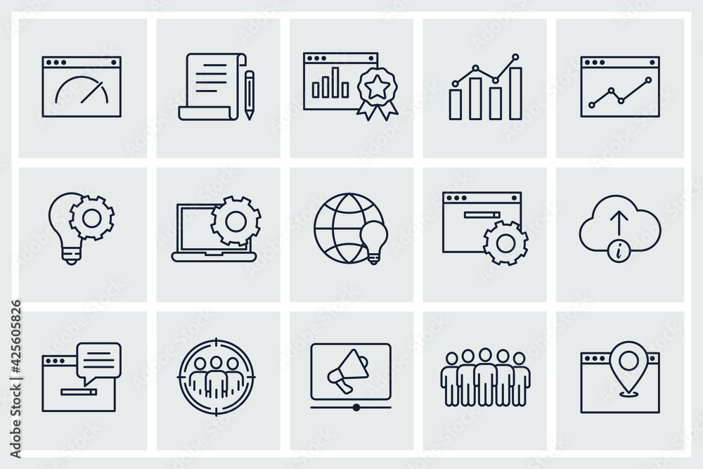 Poster set of seo icon. search engine optimization pack symbol template for graphic and web design collecti