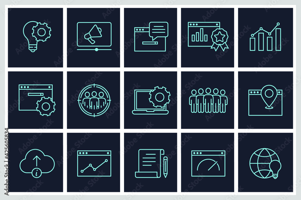 Aufkleber set of seo icon. search engine optimization pack symbol template for graphic and web design collecti