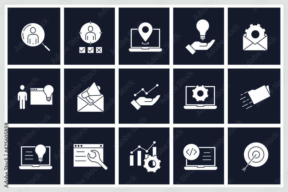 Poster set of seo icon. search engine optimization pack symbol template for graphic and web design collecti