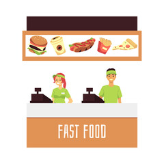 Fast food restaurant or cafe workers in green uniform standing behind counter.
