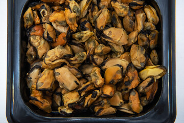 Mussels shrimp in plastic container