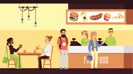 Fototapeta premium Fast food restaurant with workers cashiers selling food to people customers.