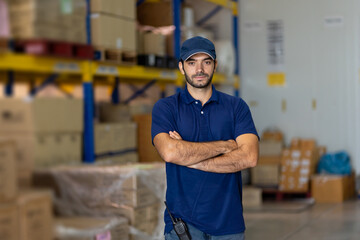 Confident male warehouse worker standing with arms crossed in factory warehouse near of products or parcel goods background. Inspection quality control