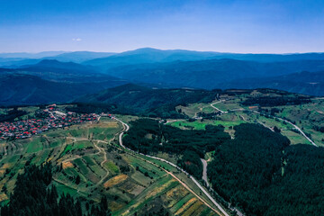 Village in a mountain landscape. Europe, Bulgaria, Bansko. Ski resort city panoramic view.
