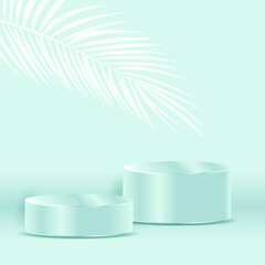 Light blue empty pedestal illustration with the palm leaf. Exhibition Podium for promotion brand. Tropical summer decor with blank mockup space. Luxury stand for design advertisement.  