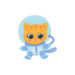 Cat astronaut or cosmonaut in space suit, flat vector illustration isolated.