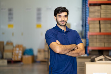 Portrait of male warehouse worker standing with arms crossed in factory warehouse near of products...