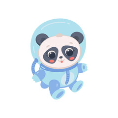 Cartoon cute panda astronaut, bear cosmonaut in space suit travel in universe.