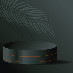 Palm leaves, dark empty pedestal illustration. Exhibition Podium for promotion brand. Tropical summer decor with blank mockup space. Luxury stand for design advertisement.