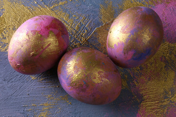 E’ Pasqua! Raffinate uova decorative colorate e dipinte in rosa, viola, blu e oro su un fondo...
