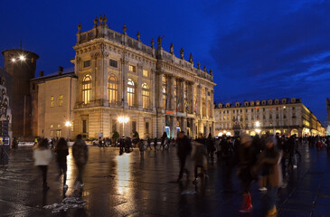 Fototapeta na wymiar Turin, Piedmont/Italy -04/20/2019- Turin Castle square and the Madama Palace by night.