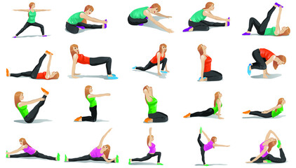 Fototapeta na wymiar Women doing yoga, dancing, pilates, jumping, fitness. Sport women vector modern flat illustration isolated on white background in different poses - Vector