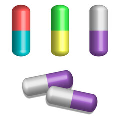 Colored medicine or pill icon. The 3D symbol icon is isolated on a white background.