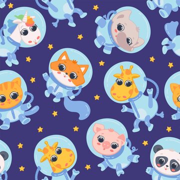 Cartoon animal astronauts flying in space with stars a vector seamless pattern