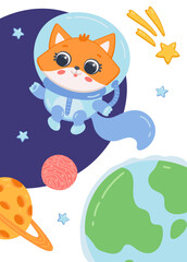 Card or poster with cute cat floating in open space, flat vector illustration.