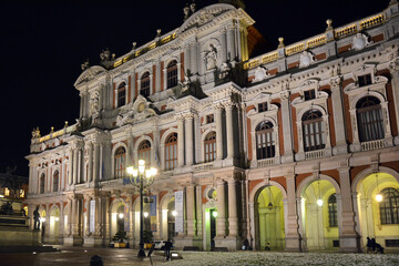 Fototapeta na wymiar Turin, Piedmont/Italy -04/20/2019- Turin Carlo Alberto of Savoy square and the Carignano Palace, site of Risorgimento Museum by night