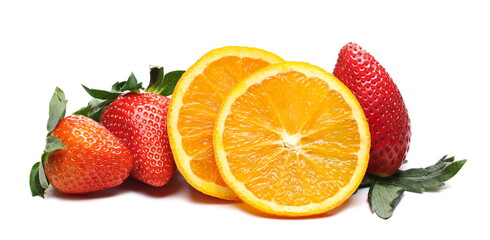 Fresh strawberry and orange slice isolated on white background