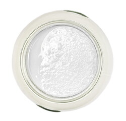 Soured milk, yogurt in glass jar isolated on white background, top view