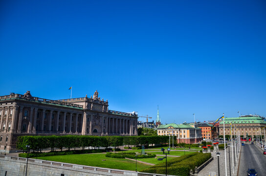 Swedish Parliament House Riksdag neoclassical facade and Riksplan in Helgeandsholmen, Stockholm, Sweden, Europe