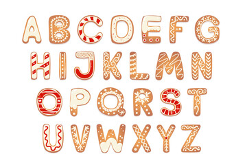 Christmas gingerbread cookies alphabet. Biscuit letters for xmas messages and design. Vector figures with sugar decorations.