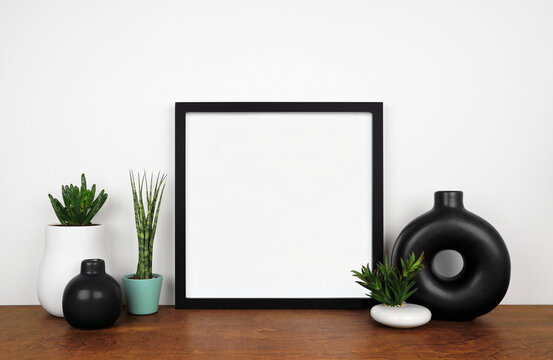 Mock up black square frame with potted plants and modern circle vase. Wooden shelf against a white wall. Copy space.