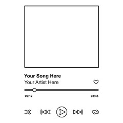 Audio controls for streaming music with blank album artwork and control buttons in vector
