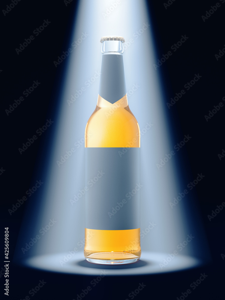 Poster computer graphics image of beer bottle with label for your text. glass container with yellow liquid 