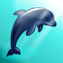 A vector image of cute Dolphin is swimming under clear blue water, while the sunlight from above ocean shining into the sea. Illustration art project.
