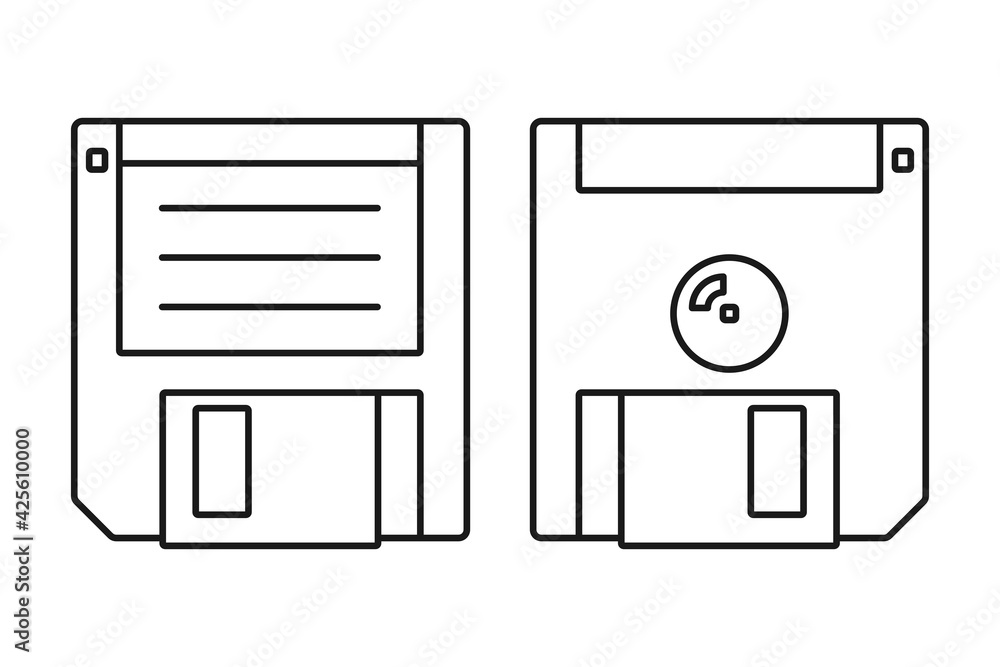 Poster floppy disk or diskette for data storage in vector outline icon