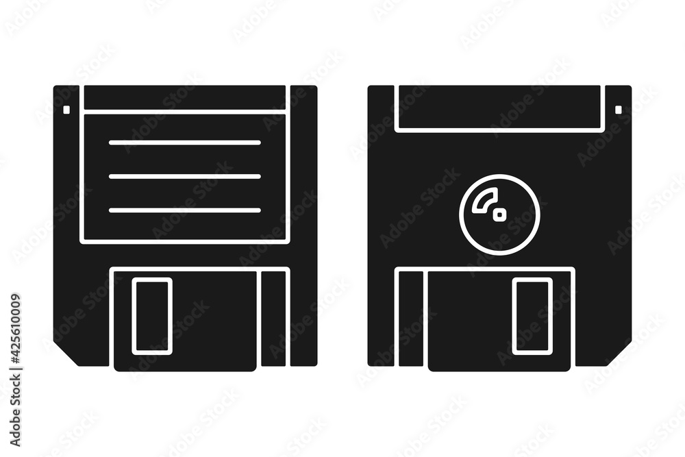 Poster floppy disk or diskette for data storage in vector silhouette icon