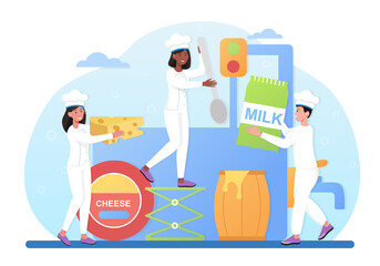 Male and female characters are making cheese together