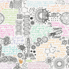 Hand-drawn seamless pattern on the theme of studying and researching viruses and bacteria in a scientific laboratory. Abstract vector background with sketches and color handwritten text lorem ipsum