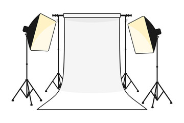 Professional photography studio with white paper background roll and softbox studio lighting in vector illustration