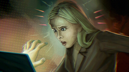 A hand reaches through a computer screen towards a shocked young woman. © David Edwards