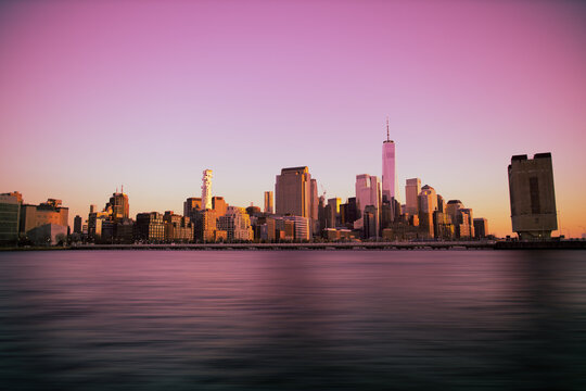 City skyline at sunset